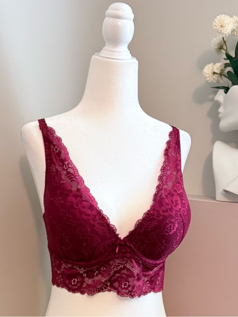 LASCANA Women’s 34D Burgundy Red Lace Longline Lingerie‎ Bralette Bra